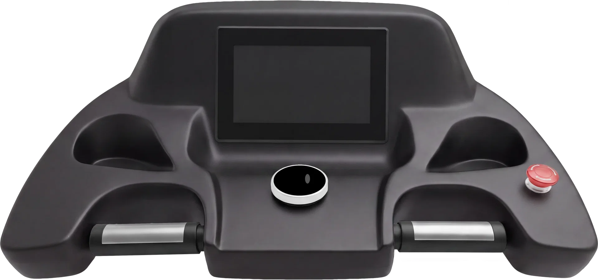 Body Space&reg; VacuTherm Treadmill console with 10.8-inch touchscreen, central 2-inch control display, two handlebars and an emergency stop button.